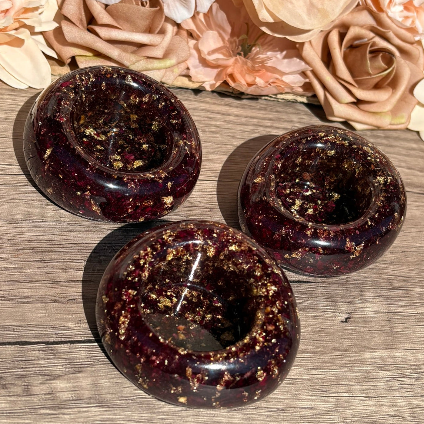 Edles 3er Set Teelichthalter mit Rosenblüten und Blattgold handgemacht