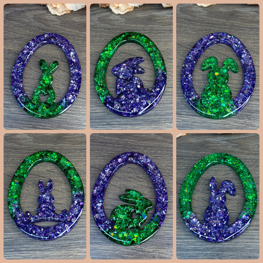 Handgefertigtes 6er Set Osterei Anhänger aus Epoxidharz mit Hasenmotiv und wählbarem Glitzer