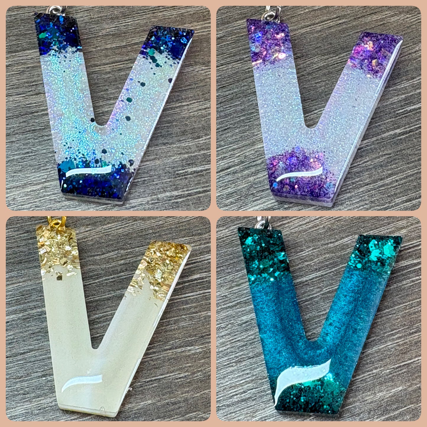 Buchstaben Schlüsselanhänger V handgemacht in Glitzer Design