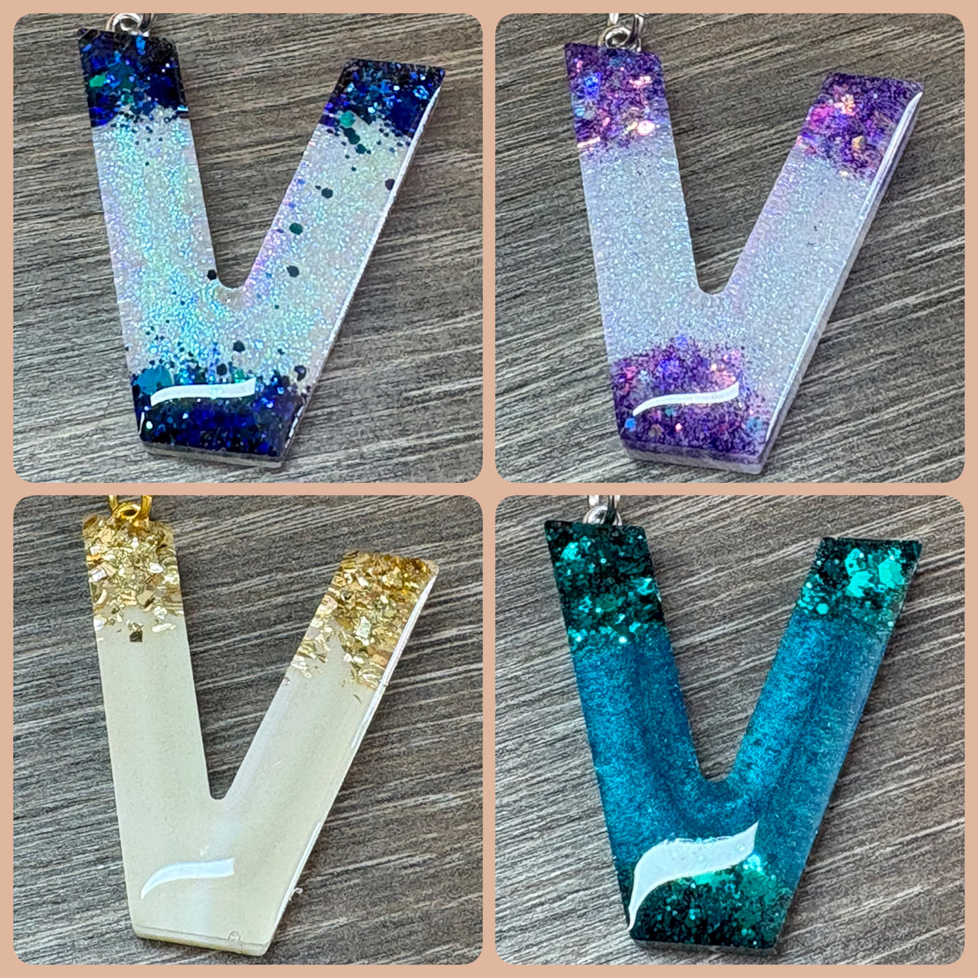 Buchstaben Schlüsselanhänger V handgemacht in Glitzer Design