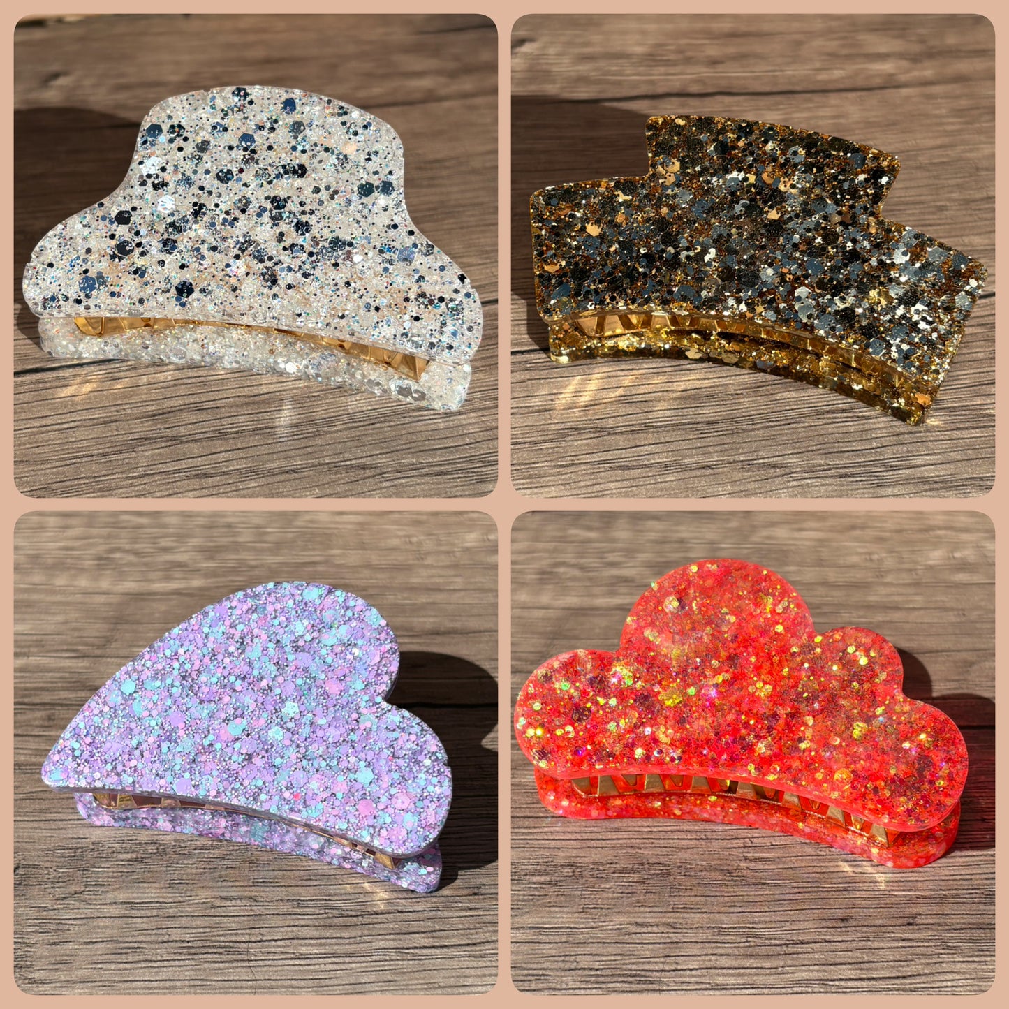 Handgefertigte Haarspangen in verschiedenen Formen und Glitzer Designs aus Epoxidharz