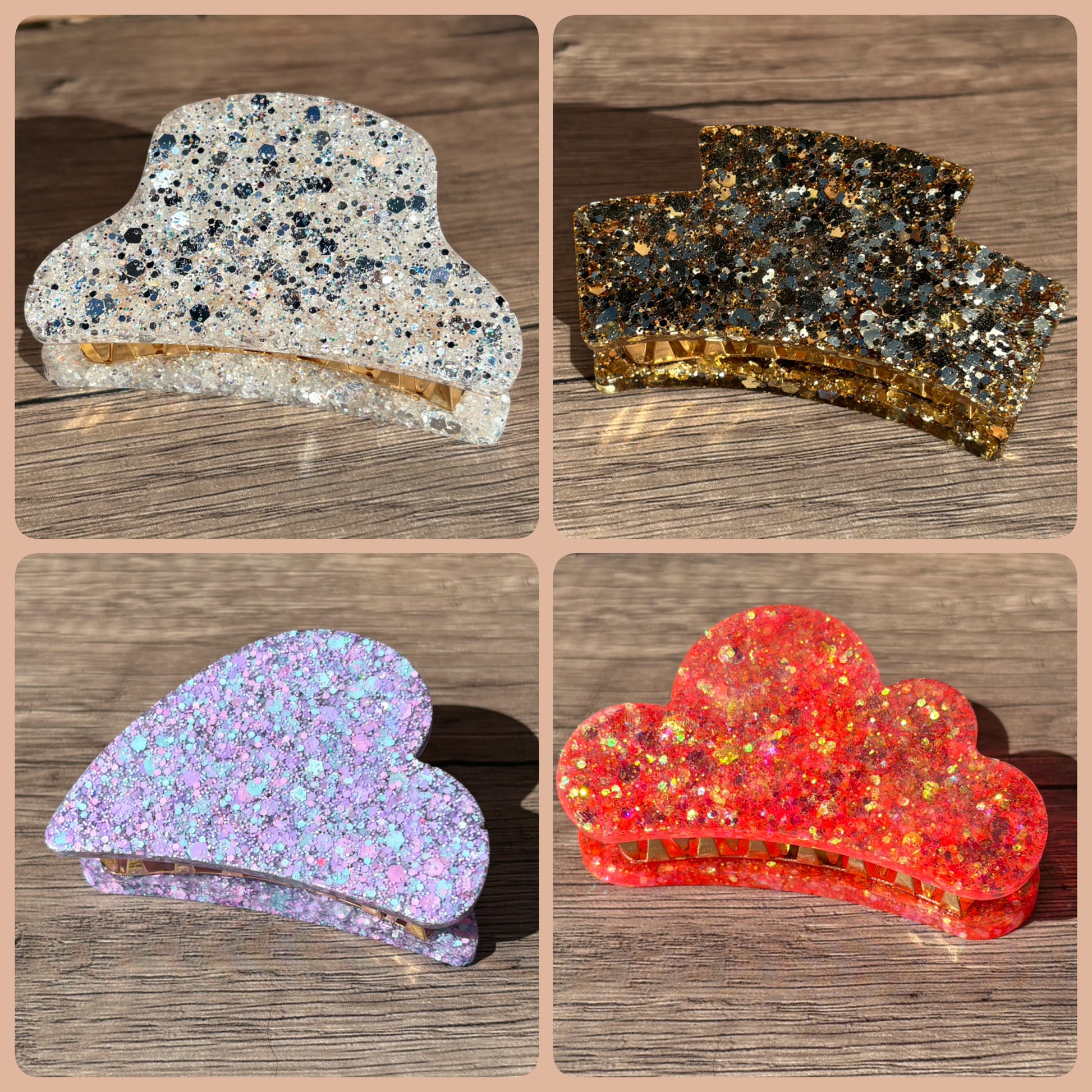 Handgefertigte Haarspangen in verschiedenen Formen und Glitzer Designs aus Epoxidharz