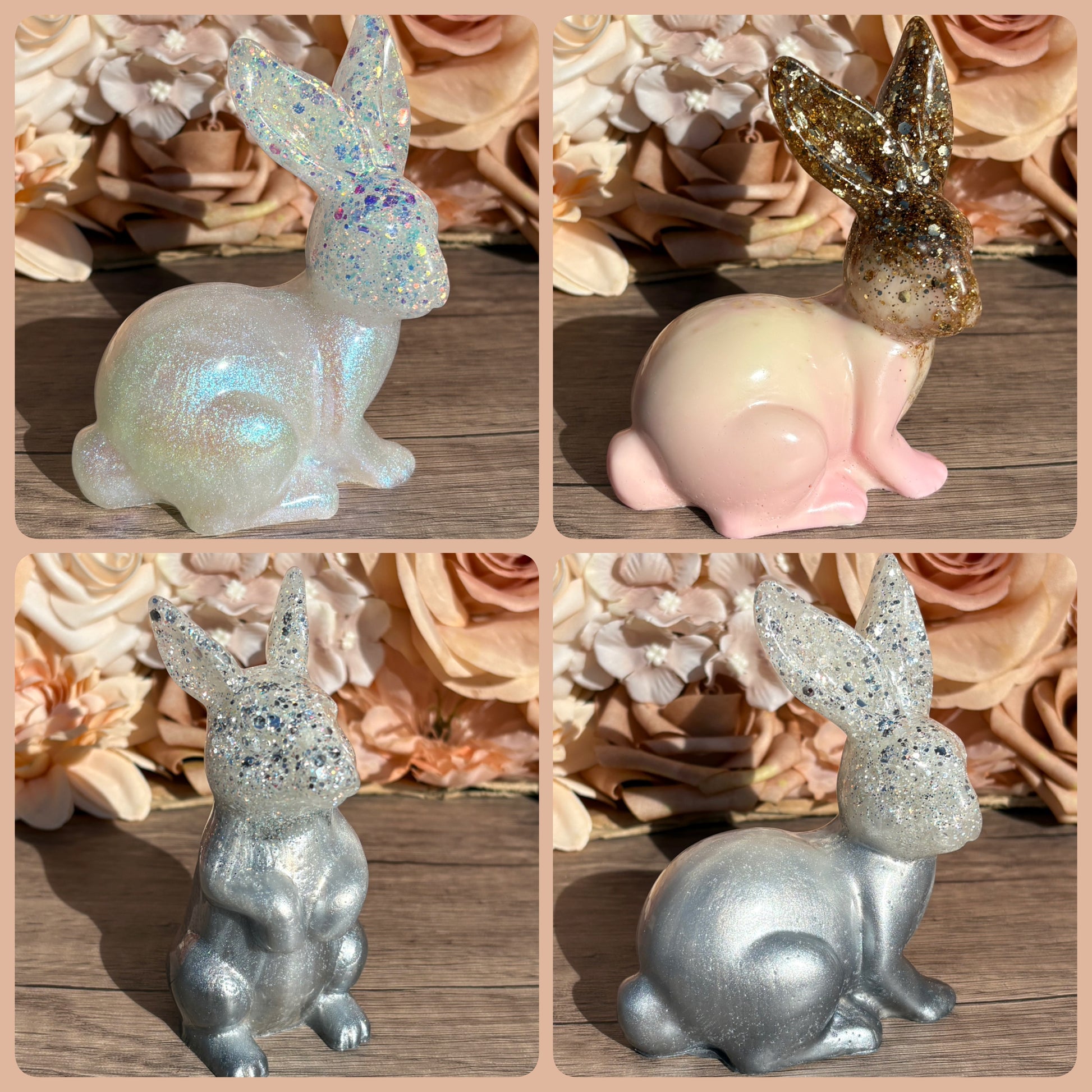 Handgemachte Hasenfiguren in verschiedenen Designs als Dekoration