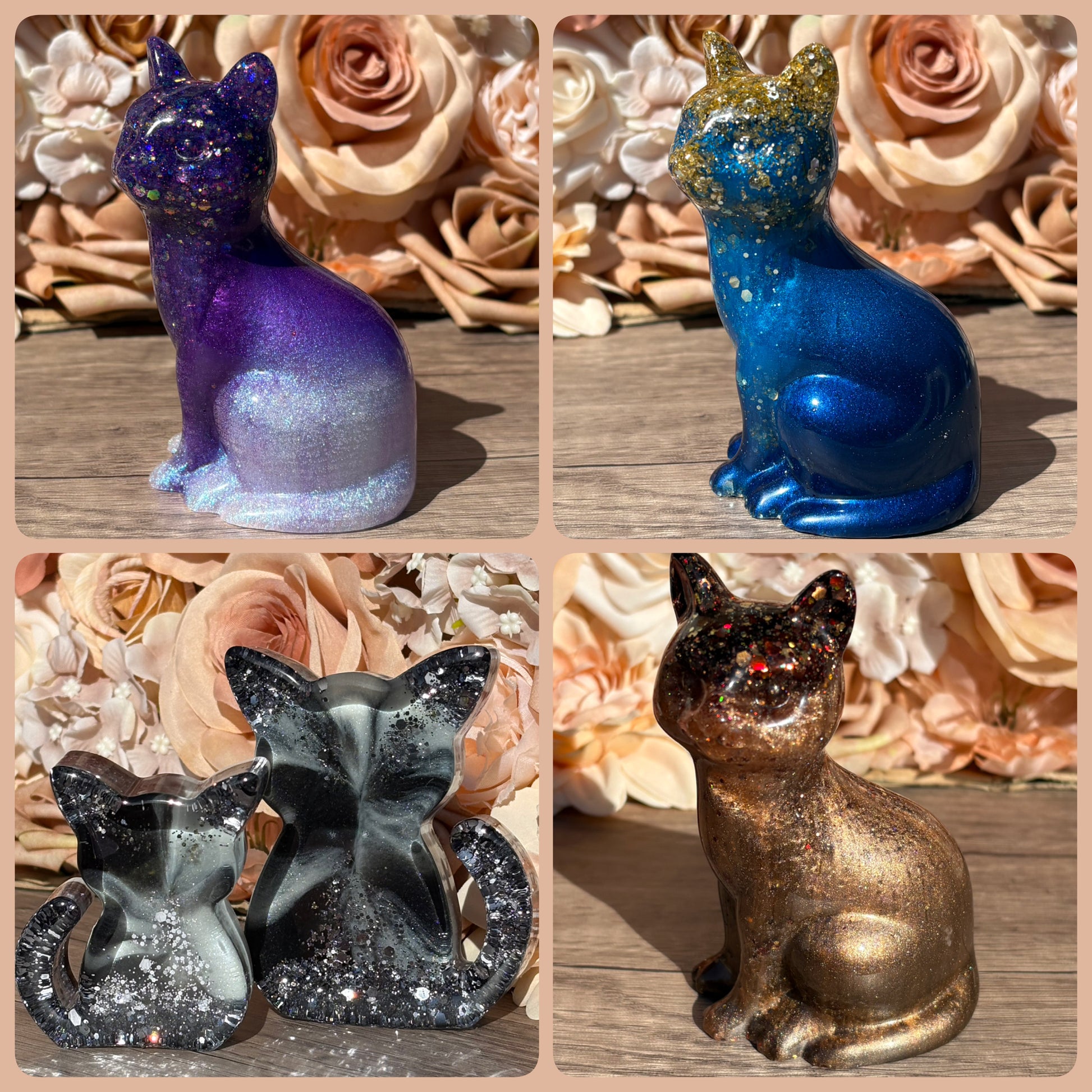 Handgefertigte Katzenfigur aus Epoxidharz in verschiedenen Designs mit Glitzer und Metallic Effekt
