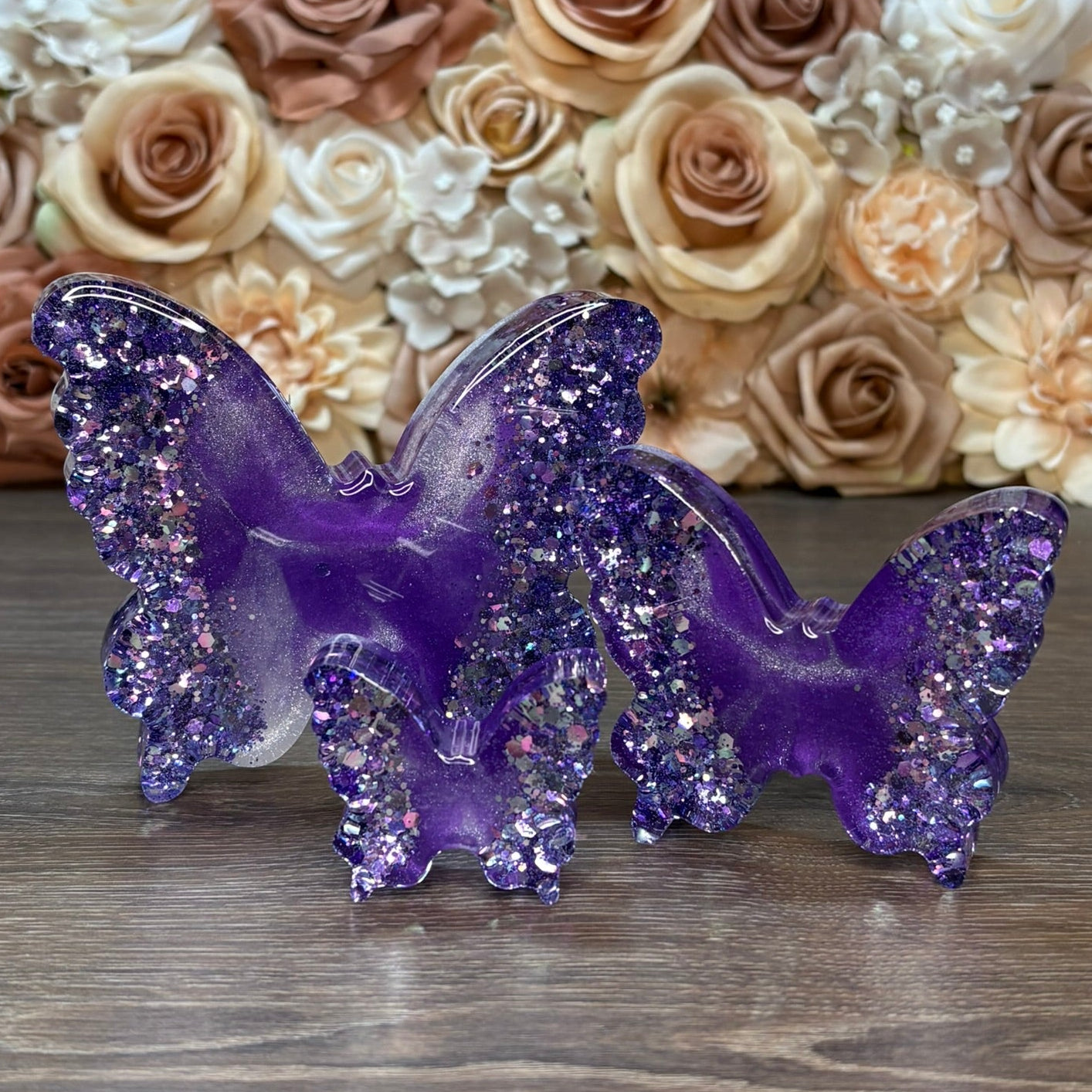 Handgemachtes Schmetterling Deko Set aus Epoxidharz mit Glitzer und Wunschfarbe